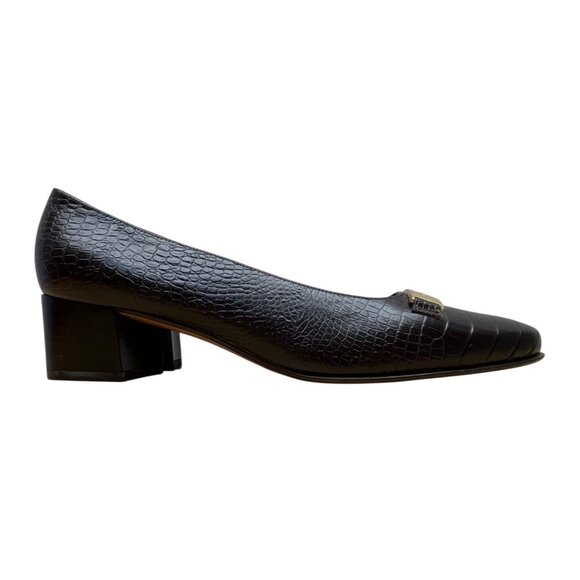 Salvatore Ferragamo Brown Croc-Embossed Leather Block Heel Loafers Sz 5.5B- New - Picture 1 of 8